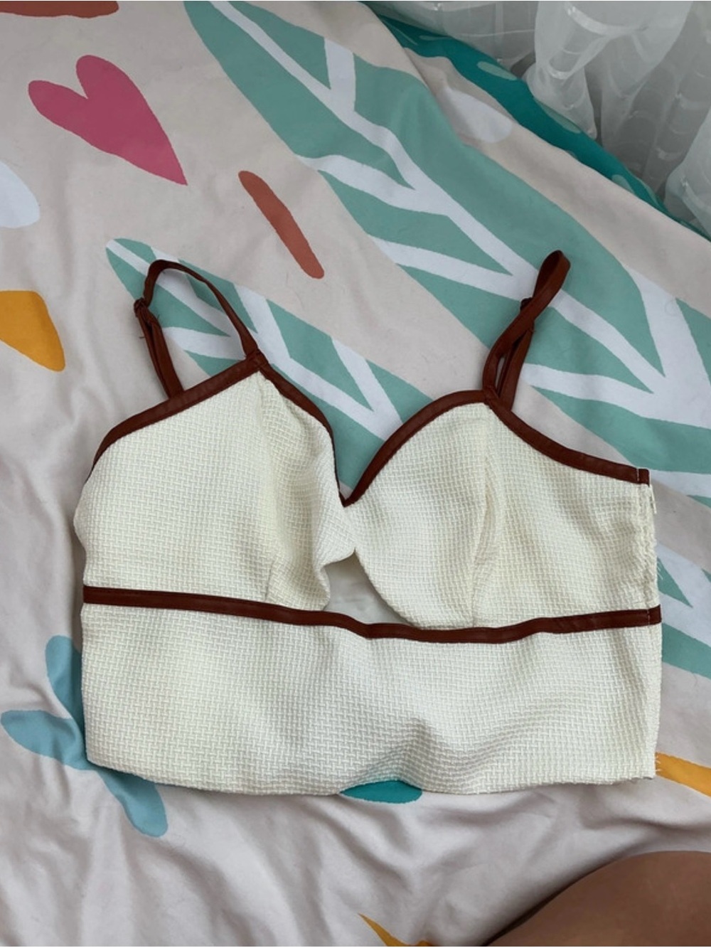 SHEIN Cream Textured Crop Tank with Brown Trim